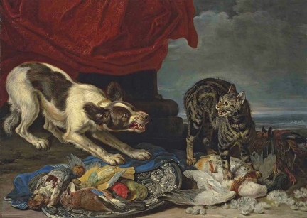 Кошка и собака, дерущиеся за дичь
